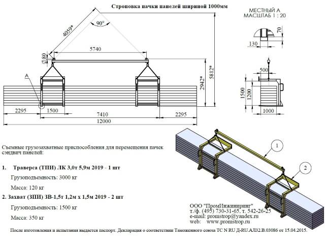 Схема строповки пачки сэндвич панелей шириной 1000 мм