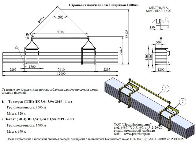 Схема строповки пачки сэндвич панелей шириной 1200 мм